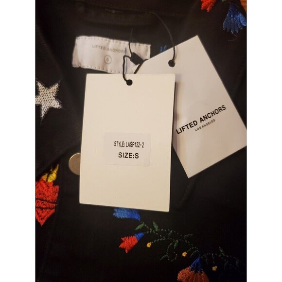 Lifted Anchors Rialto Jacket Black Denim Mens Small Embroidered Flowers Hearts - Picture 4 of 11